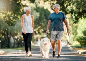 Adults walking with golden retriever